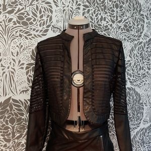 Faux leather and sheer stripe crop jacket bolero